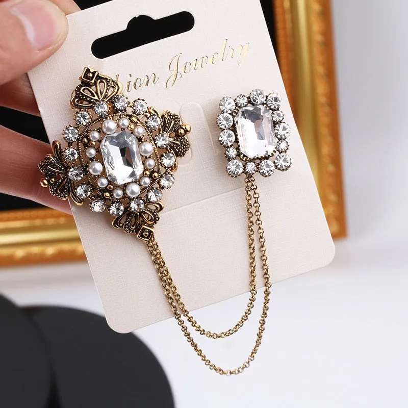 Baroque British Style Rhinestone Brooch Pins Emerald Tassel Chain Pearl Brooch