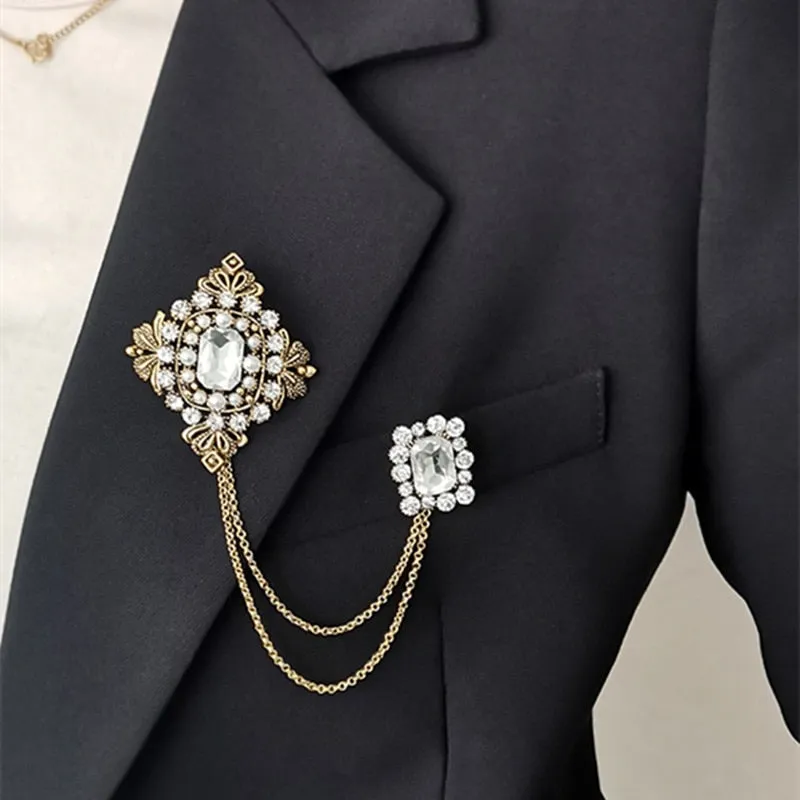 Baroque British Style Rhinestone Brooch Pins Emerald Tassel Chain Pearl Brooch