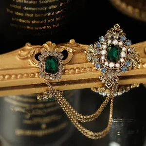 Baroque British Style Rhinestone Brooch Pins Emerald Tassel Chain Pearl Brooch