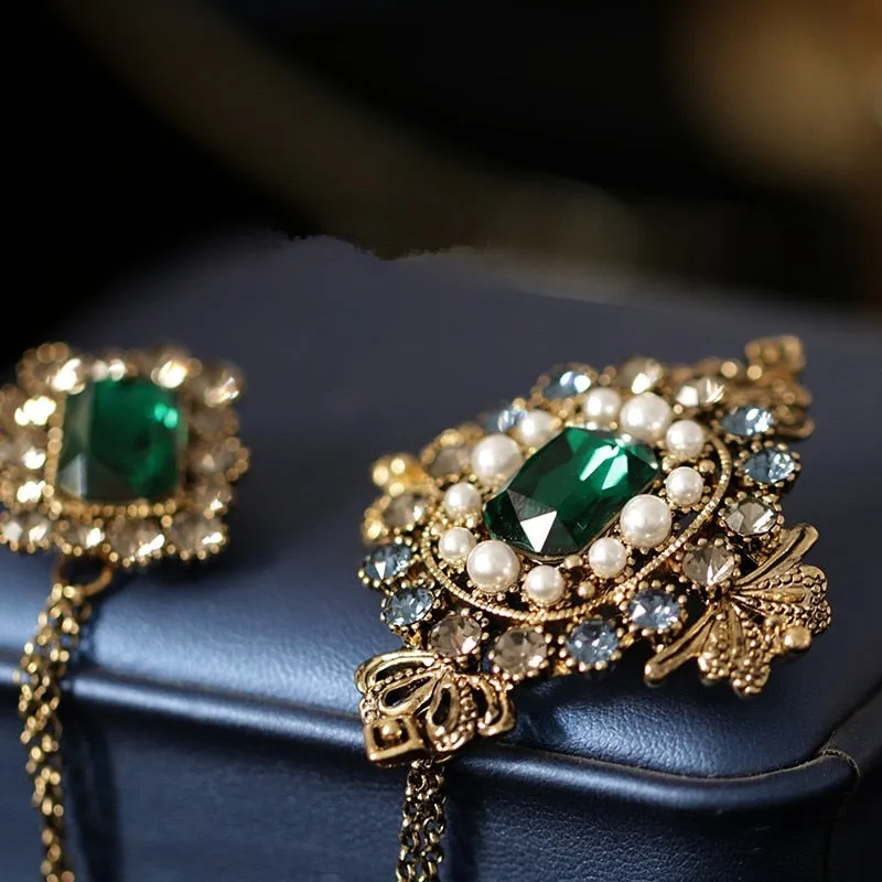 Baroque British Style Rhinestone Brooch Pins Emerald Tassel Chain Pearl Brooch