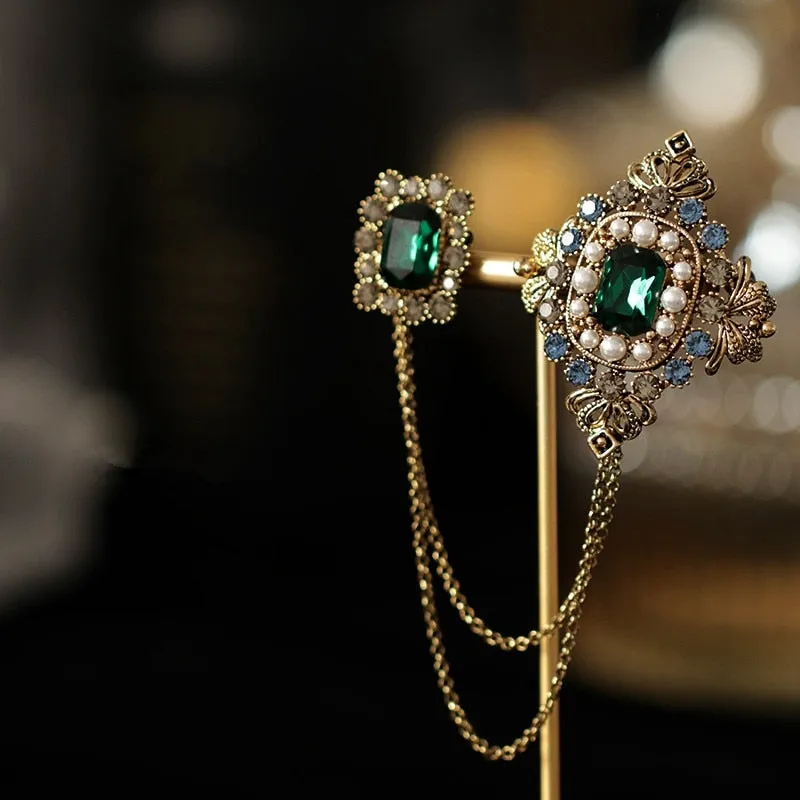Baroque British Style Rhinestone Brooch Pins Emerald Tassel Chain Pearl Brooch