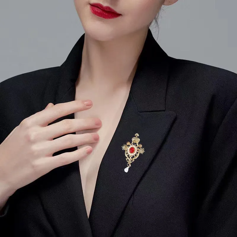Baroque Retro Fashion All-match Rhinestones Crown Brooch Resin Pearl Brooch Women