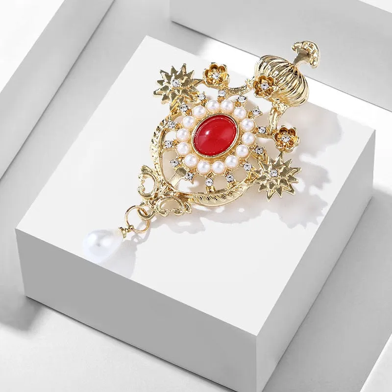 Baroque Retro Fashion All-match Rhinestones Crown Brooch Resin Pearl Brooch Women