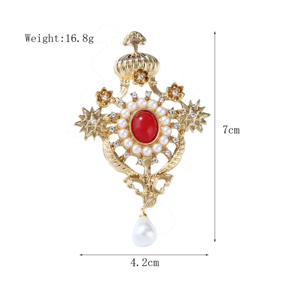 Baroque Retro Fashion All-match Rhinestones Crown Brooch Resin Pearl Brooch Women