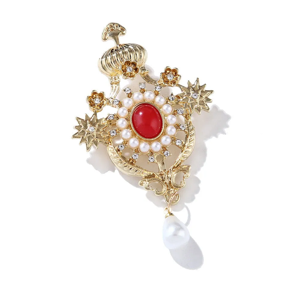 Baroque Retro Fashion All-match Rhinestones Crown Brooch Resin Pearl Brooch Women