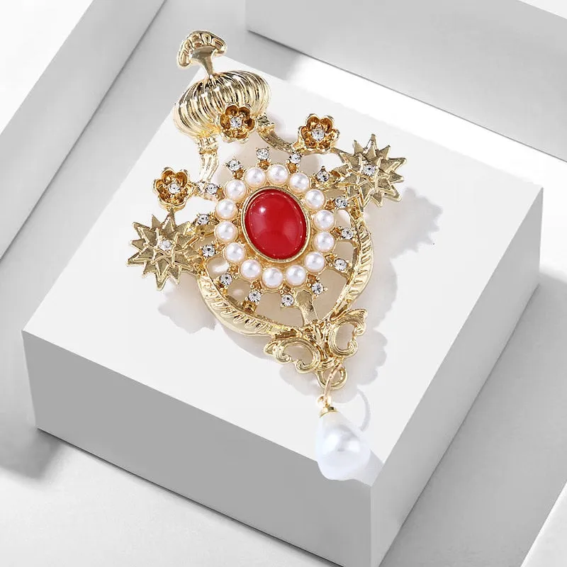Baroque Retro Fashion All-match Rhinestones Crown Brooch Resin Pearl Brooch Women