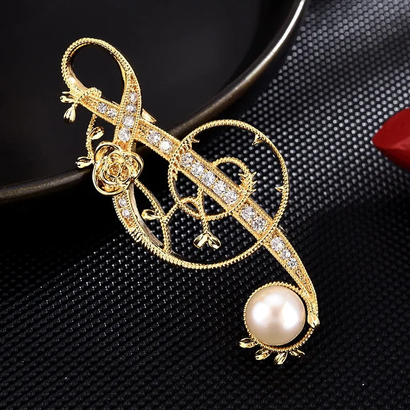 Copper Micro-Set Cubic Zirconia Note Brooch Suit Accessories Lapel Pin