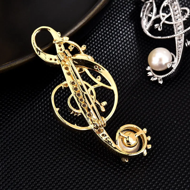 Copper Micro-Set Cubic Zirconia Note Brooch Suit Accessories Lapel Pin