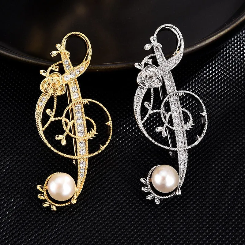 Copper Micro-Set Cubic Zirconia Note Brooch Suit Accessories Lapel Pin