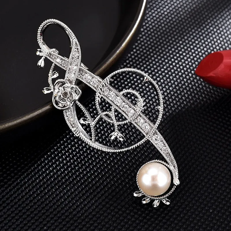 Copper Micro-Set Cubic Zirconia Note Brooch Suit Accessories Lapel Pin