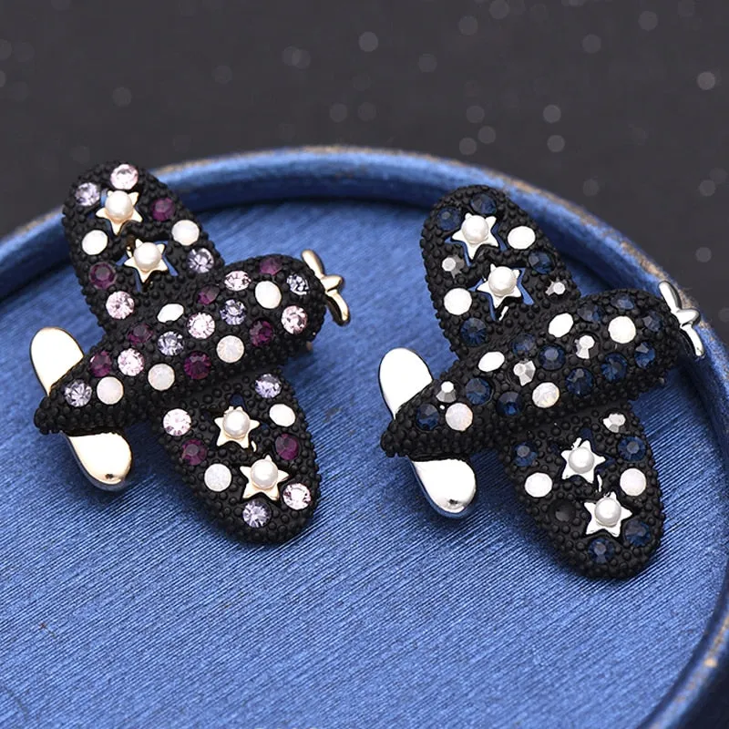 Cute Cartoon Airplane Brooches For Sweater Corsage Coat Pin Crystal Badge Brooch