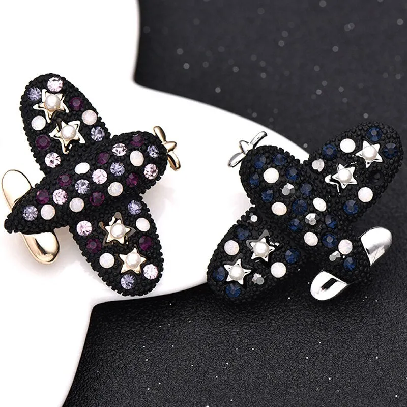 Cute Cartoon Airplane Brooches For Sweater Corsage Coat Pin Crystal Badge Brooch