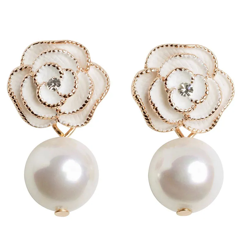 Designer Imitation Pearl Camellia Charm Dangle Earrings For Women