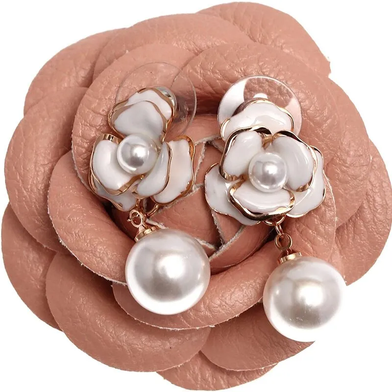 Designer Imitation Pearl Camellia Charm Dangle Earrings For Women