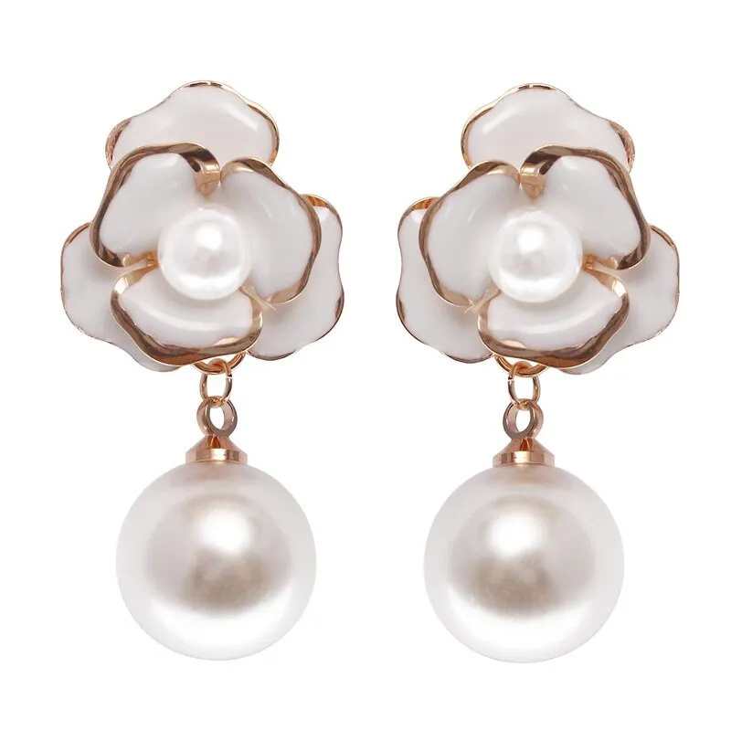 Designer Imitation Pearl Camellia Charm Dangle Earrings For Women