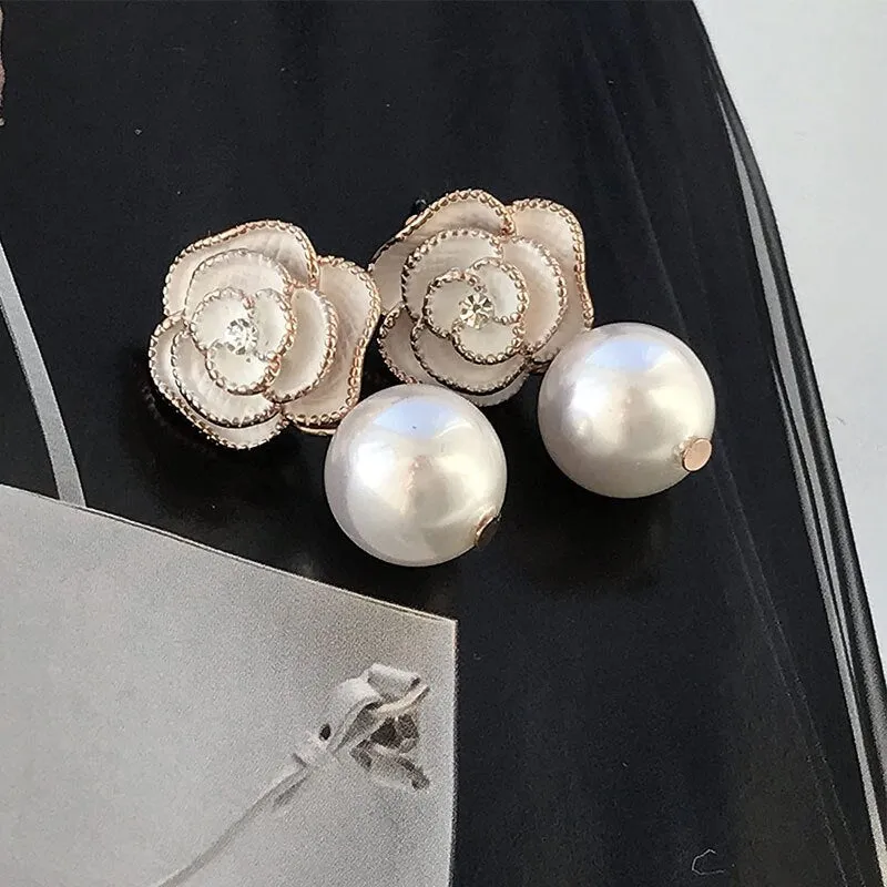 Designer Imitation Pearl Camellia Charm Dangle Earrings For Women