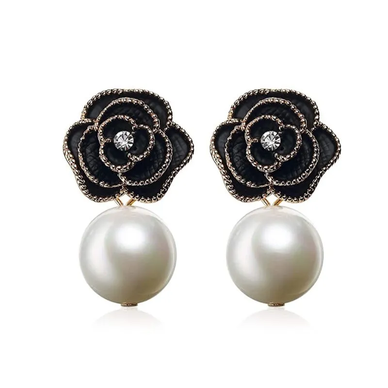 Designer Imitation Pearl Camellia Charm Dangle Earrings For Women