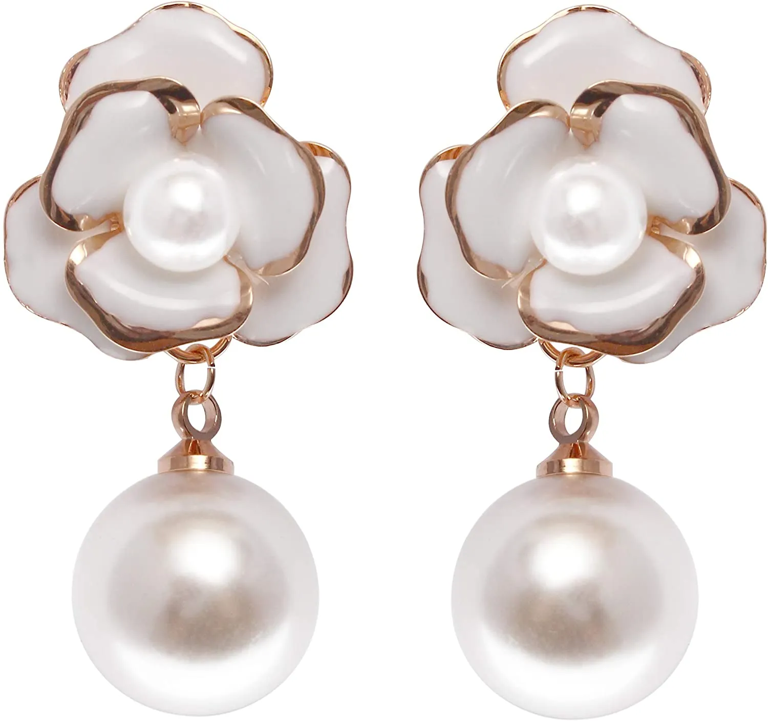 Designer Imitation Pearl Camellia Charm Dangle Earrings For Women