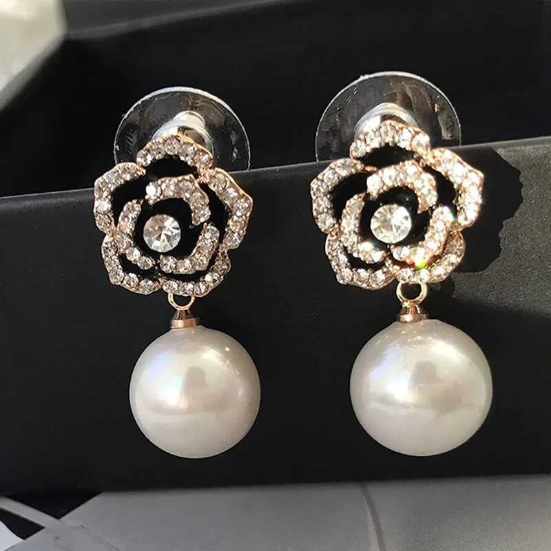 Designer Imitation Pearl Camellia Charm Dangle Earrings For Women