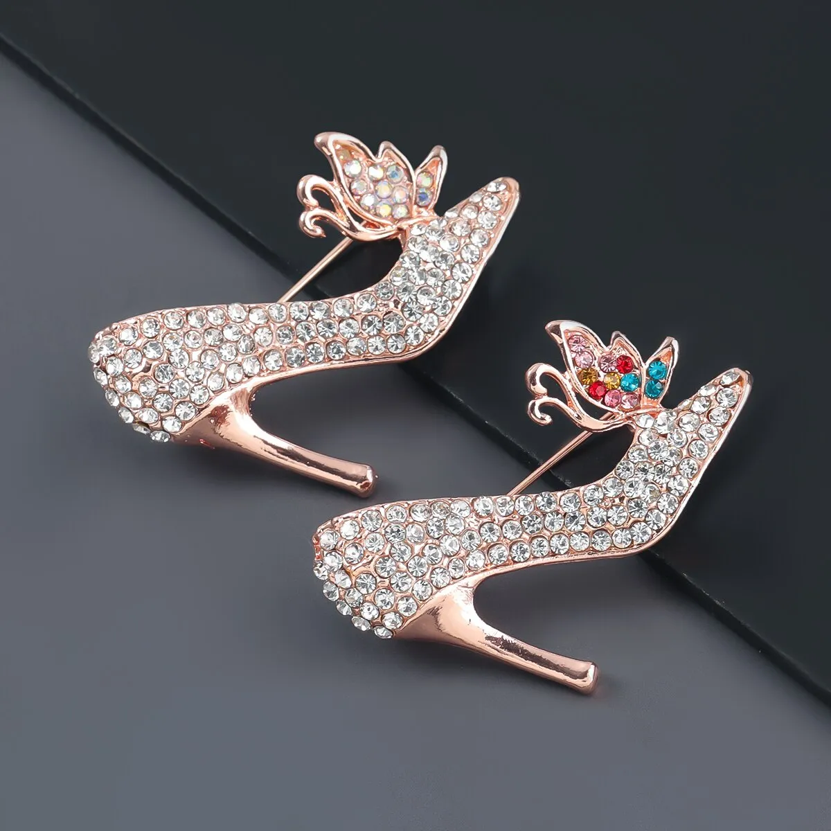 Fashion Metal Rhinestone Flower High Heels Brooch Girl Pop Creative Party Pin Brooch