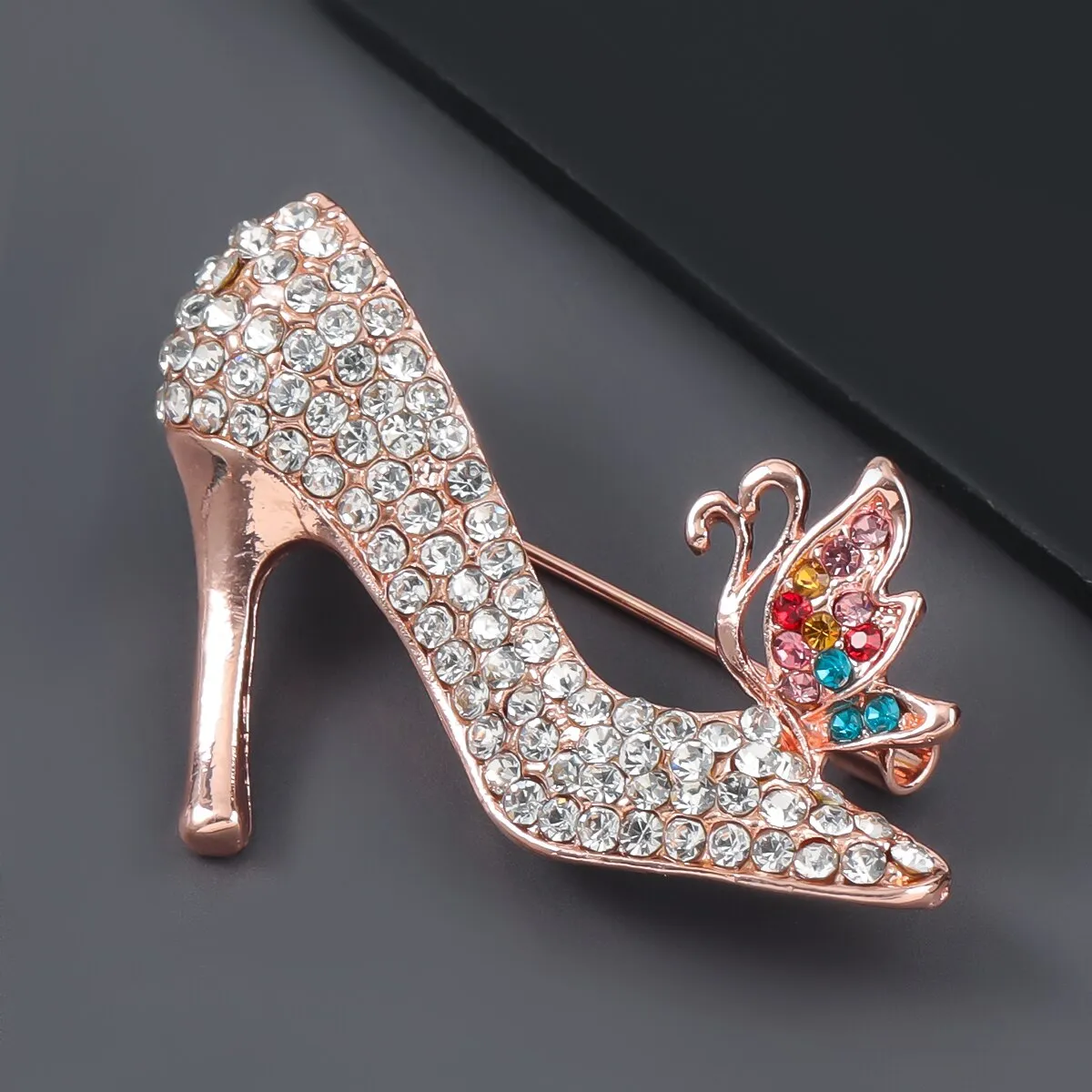 Fashion Metal Rhinestone Flower High Heels Brooch Girl Pop Creative Party Pin Brooch