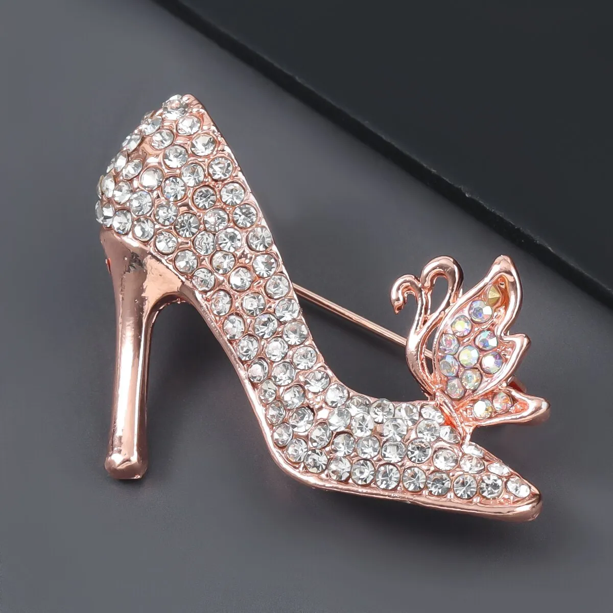 Fashion Metal Rhinestone Flower High Heels Brooch Girl Pop Creative Party Pin Brooch