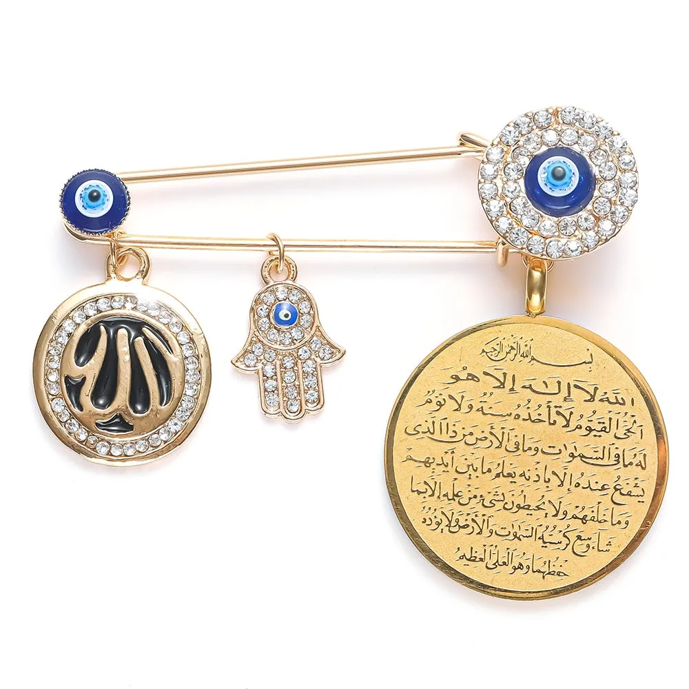 Four Gul Suras Marsala of Islam In Arab Turkey Blue Evil Eye Baby Pin Brooch