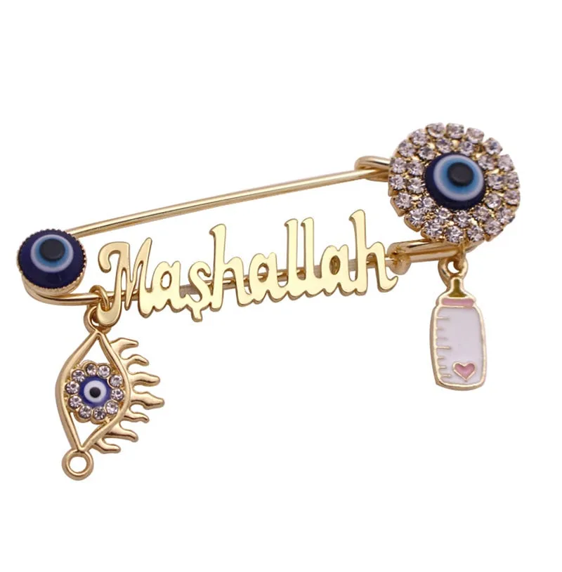 Four Gul Suras Marsala of Islam In Arab Turkey Blue Evil Eye Baby Pin Brooch