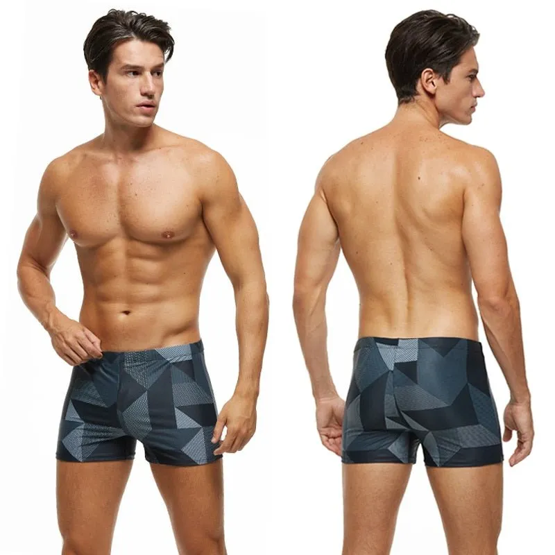 Grey Geometric Swim Trunks
