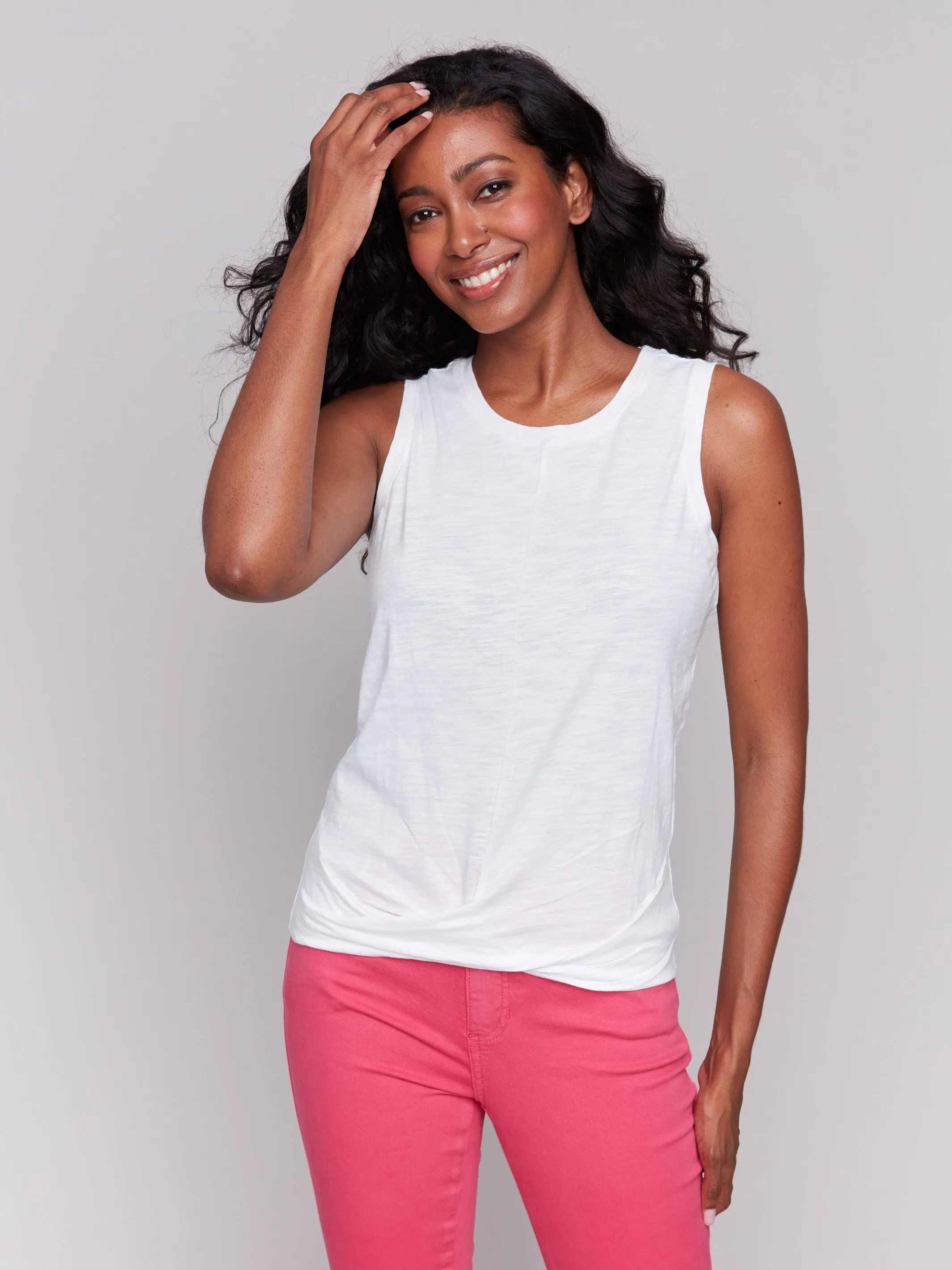 Organic Cotton Slub Tank Top with Knot Detail - White