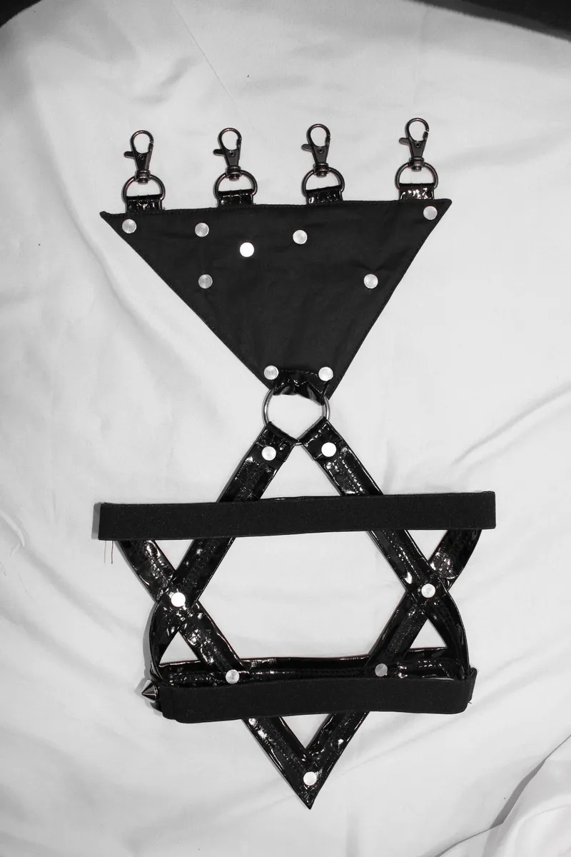 Punk Black Pants with Pentagram Harness Belts / Zipper Trousers with Vinil Pockets for Women