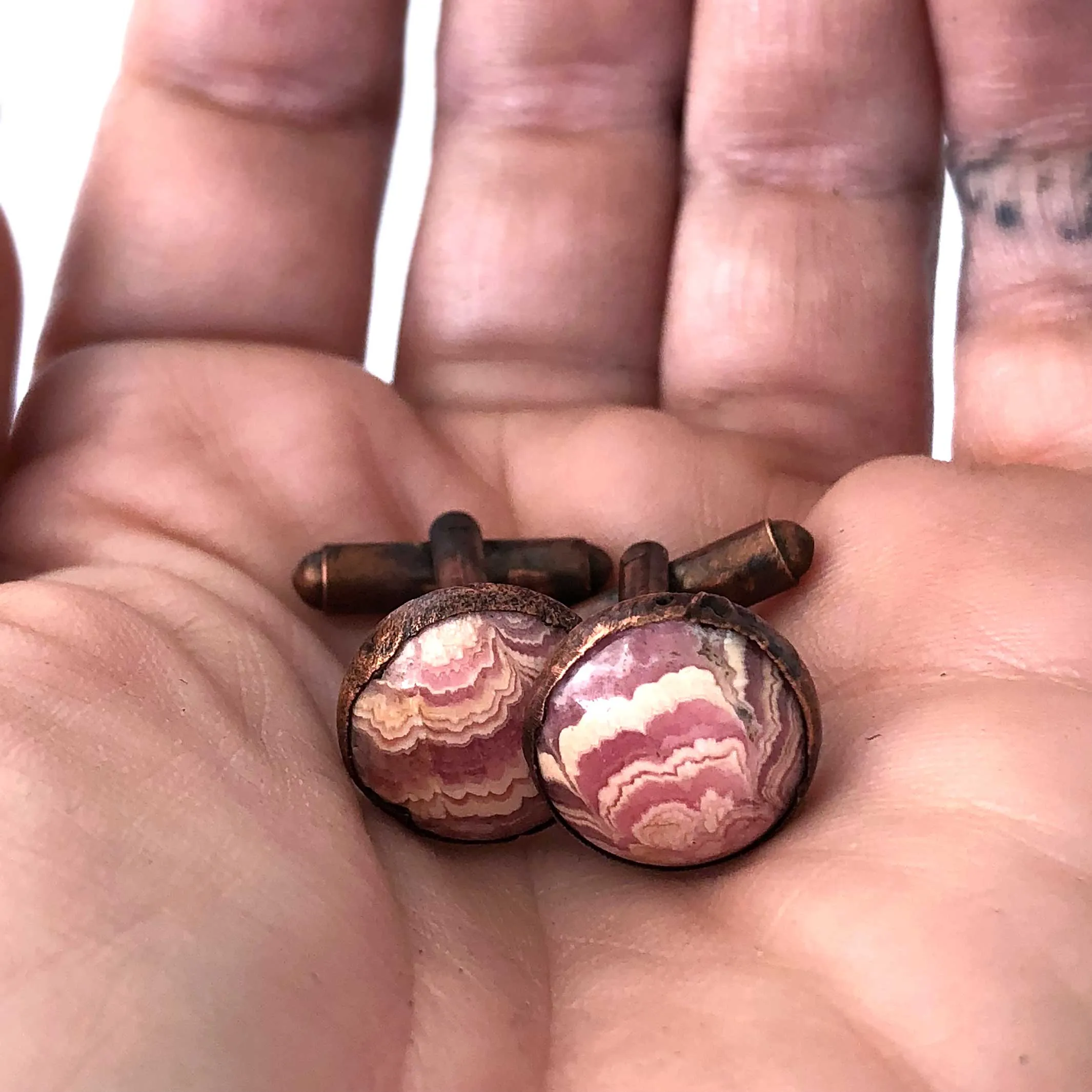 Rhodochrosite Electroformed Cufflinks, pink cuff links