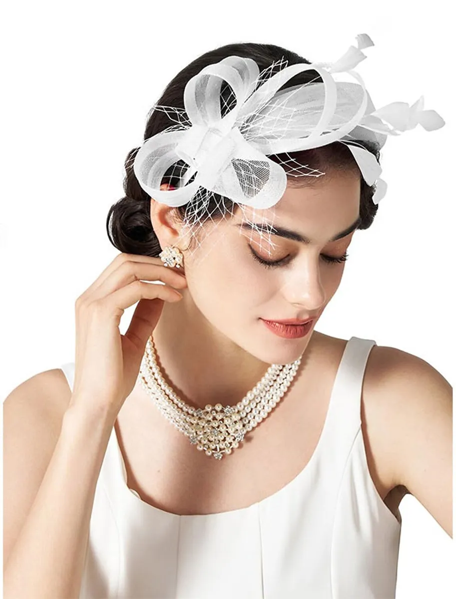 Simple White Feather Tea Party Cocktail Ladies Day Tulle Fascinator/Headband