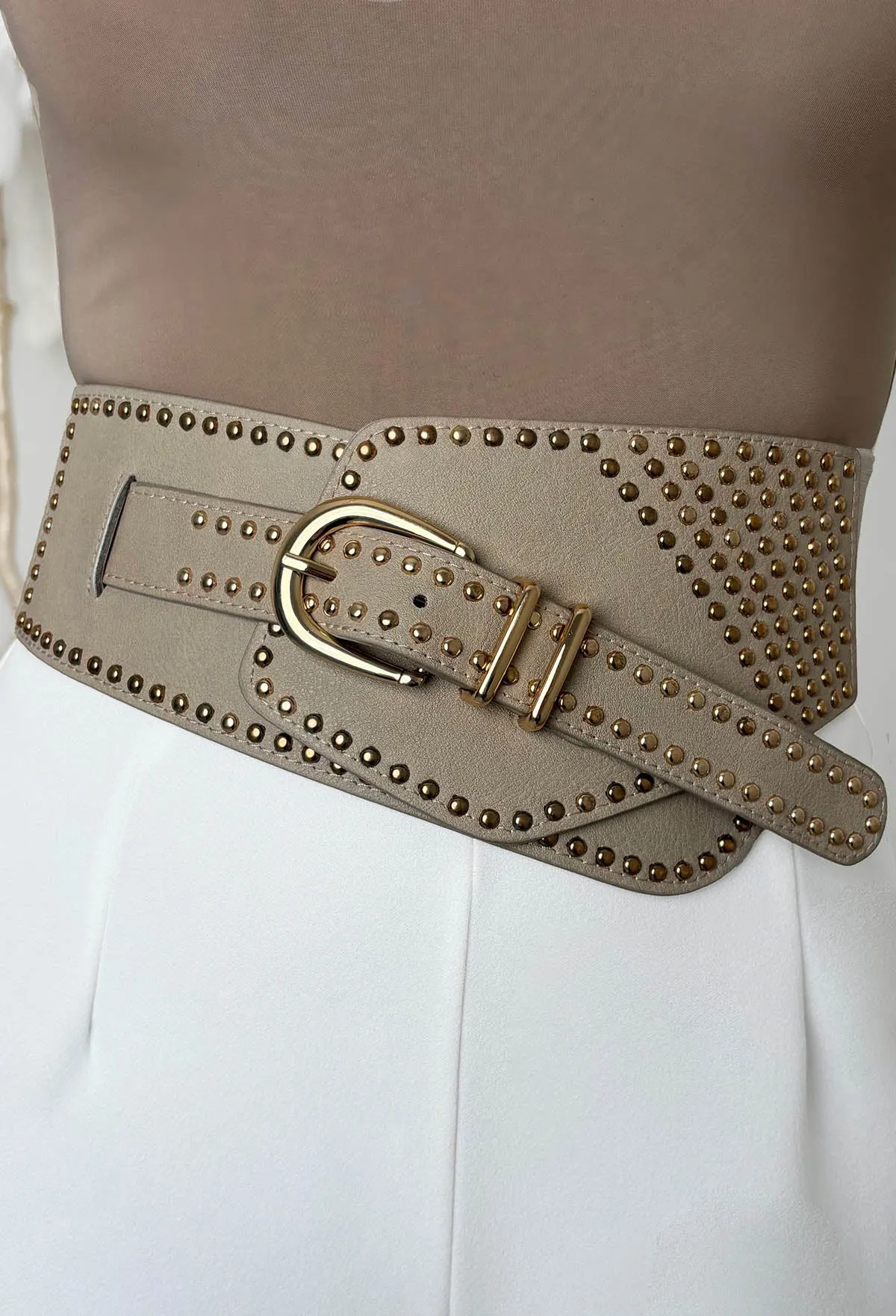 Studded Baddie Nude Buckle Detail Elasticated Belt