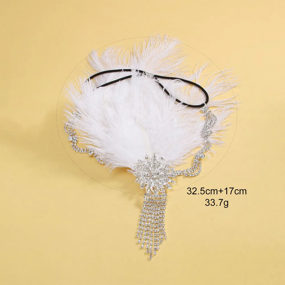 Vintage Classic Feather Side Rhinestone Floral Tassel Headpiece