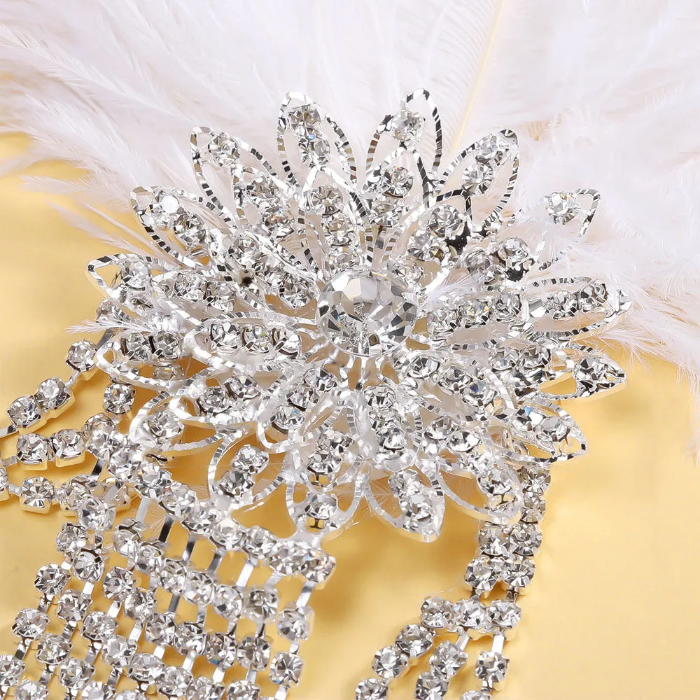 Vintage Classic Feather Side Rhinestone Floral Tassel Headpiece