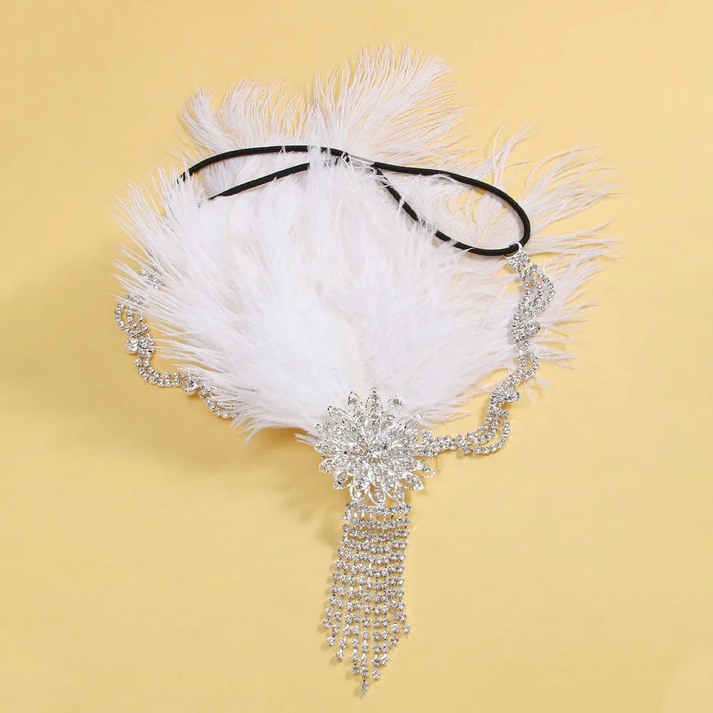 Vintage Classic Feather Side Rhinestone Floral Tassel Headpiece
